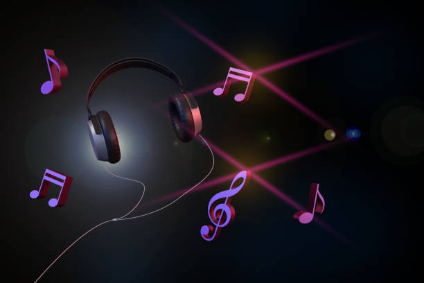 istock Headphones and music notes on dark background. 3d illustration. 1338298706