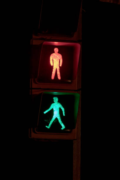 istock pedestrian traffic light with both red and green lights illuminated at the same time. Black night background. Silhouettes of pedestrians. Traffic sign. 1338299277