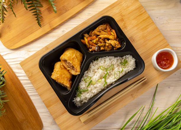 istock Flat lay of rice with pork roll 1338301203