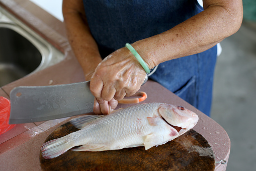 An Asian senior woman is cleaning raw fish in the kitchen.
