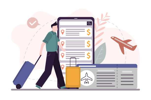 istock Male character choose and book plane ticket on phone screen. Happy cartoon man with suitcase tracked prices in mobile app for travel. Summer vacation 1338302896