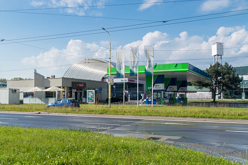 Zilina, Slovakia - June 5, 2021: OMV gas station. OMV is an Austrian multinational integrated oil, gas and petrochemical company which is headquartered in Vienna, Austria.