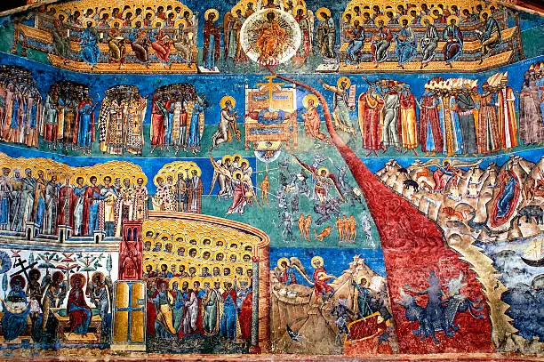 "the judgment day" fresco on western wall of Voronet monastery, Suceava county, Moldova, Romania