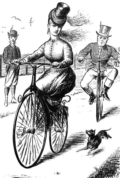 istock British satire comic cartoon caricatures illustrations - woman in a dress riding a bicycle sideways with a man riding a bicycle behind her and a dog running along side 1338309704