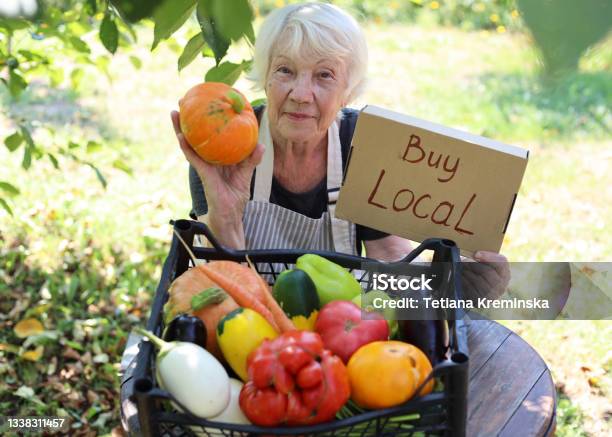 An Elderly Grayhaired Woman Sells Fresh Seasonal Vegetables At A Local Farmers Market Buy Local Agricultural Products Stock Photo - Download Image Now