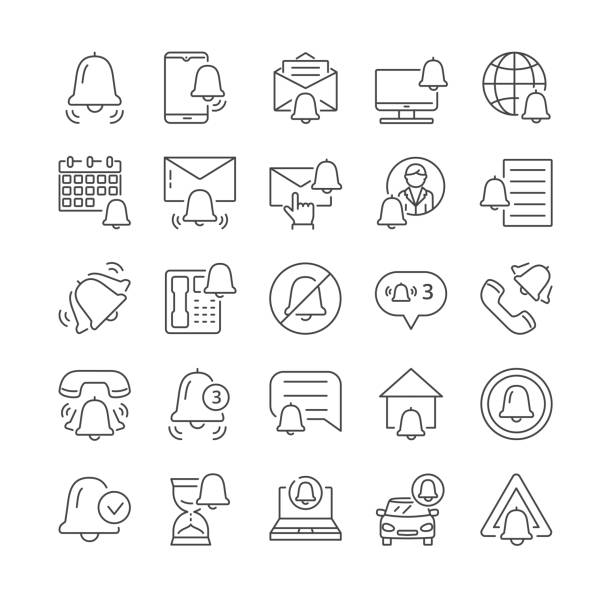 Simple Set of Notifications Vector Line Icons Simple Set of Notifications Vector Line Icons. Bell, Mute, Notice, Ring, Notification, Envelope, Message Symbols or Signs. Editable Stroke. Set of Outline Flat Vector Illustrations Isolated on White Announcement Message stock illustrations