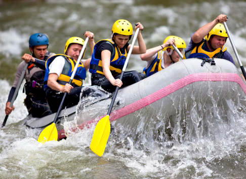 Group of people paddling while whitewater rafting