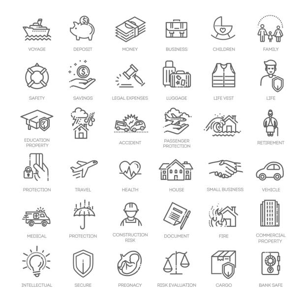 ilustraciones, imágenes clip art, dibujos animados e iconos de stock de seguro: conjunto de iconos de contorno, vector, colección de iconos de línea delgada simple - insurance