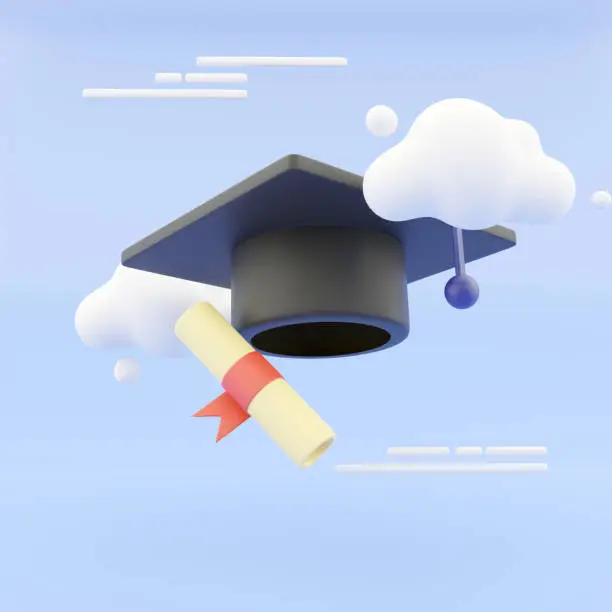 Photo of graduation hat and diploma cartoon style with clouds on abstract background. 3D Illustration. 3D Rendering.