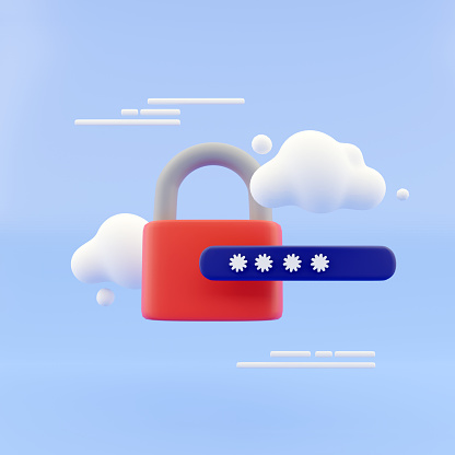 3d lock and password field. Password protected secure login concept. minimal creative concept in blue and black colors. 3d rendering.