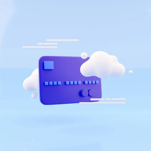 3d illustration of clouds with bank card. 3d render Bank card and cloud on blue background.