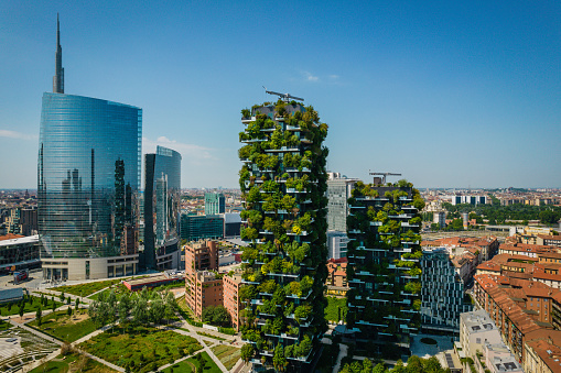 Aerial photo of Bosco Verticale, Vertical Forest in Milan, Porta Nuova district