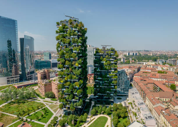 foto aérea de bosco verticale, bosque vertical en milán, distrito de porta nuova - the original ecological fotografías e imágenes de stock