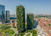 Aerial photo of Bosco Verticale, Vertical Forest in Milan, Porta Nuova district