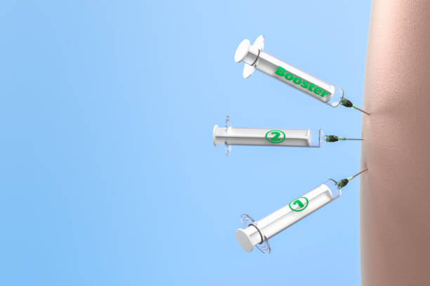COVID-19 Vaccine Booster Shot concept. Three syringes labeled 1, 2 and Booster sticking in an arm. 3d render stock photo