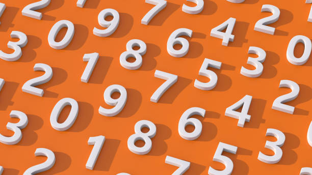 istock Group of white numbers. Orange background. Abstract illustration, 3d render. 1338329931