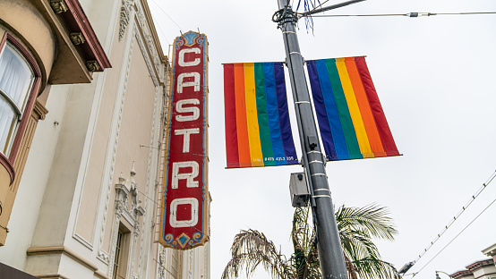 San Francisco, California, USA - August 2019: Castro Theatre building with a rainbow flag on Castro Street in San Francisco