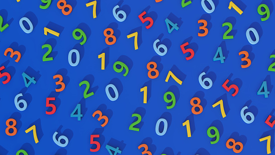 Colorful numbers. Blue background, Abstract illustration, 3d render.