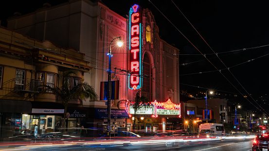 San Francisco, California, USA - August 2019: Castro Theatre building on Castro Street at night