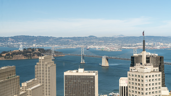 San Francisco, California, USA - August 2019: San Francisco cityscape with Bay Bridge and skyscrapers