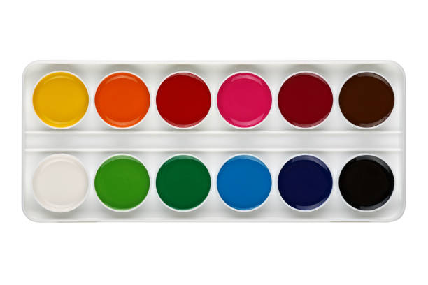 istock Plastic palette with paints on a white background. With round cells. Top View. 1338335081