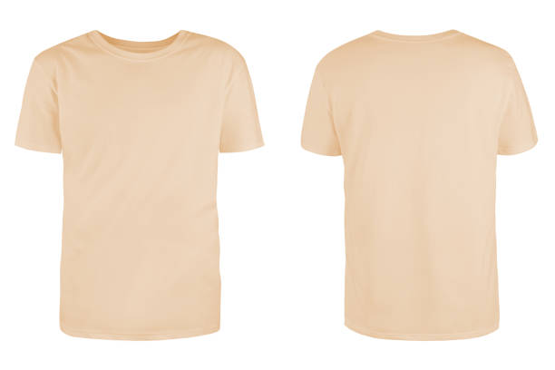 men's beige blank t-shirt template,from two sides, natural shape on invisible mannequin, for your design mockup for print, isolated on white background. - tan stockfoto's en -beelden