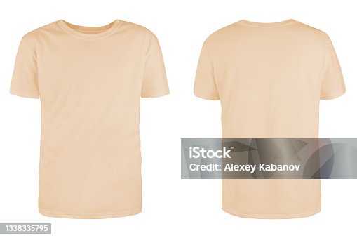 istock Men's beige blank T-shirt template,from two sides, natural shape on invisible mannequin, for your design mockup for print, isolated on white background. 1338335795