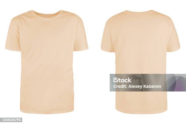 Mens Beige Blank Tshirt Template From Two Sides Natural Shape On Invisible Mannequin For Your Design Mockup For Print Isolated On White Background Stock Photo - Download Image Now