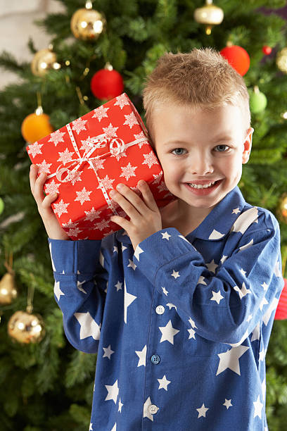istock Young Boy Holding Wrapped Present In Front Of Christmas Tree 133833851
