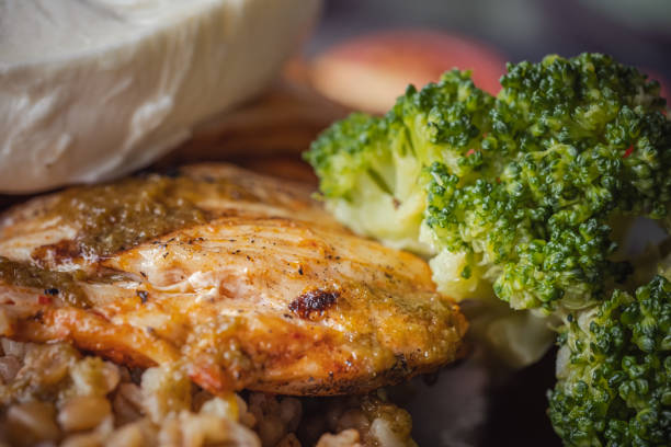 Grilled chicken breast on cottage cheese and bulgur pilaf