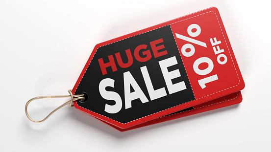 Black and red-colored price tag with ten percent huge discount text. On white-colored background. Horizontal composition with copy space. Isolated with clipping path.