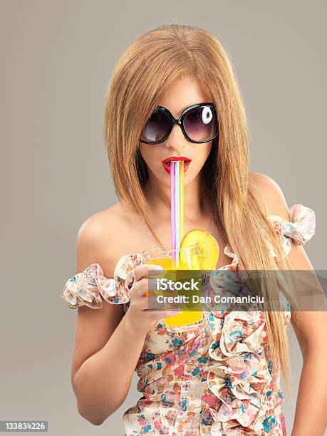 Fashion Portrait Beautiful Woman Sunglasses Drinking Cocktail Stock Photo - Download Image Now