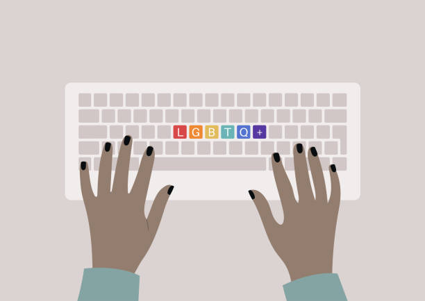 illustrations, cliparts, dessins animés et icônes de mains tapant sur un clavier, vue de dessus, boutons arc-en-ciel avec un signe lgbtq +, soutien de la communauté queer - homosexual gay pride business rainbow