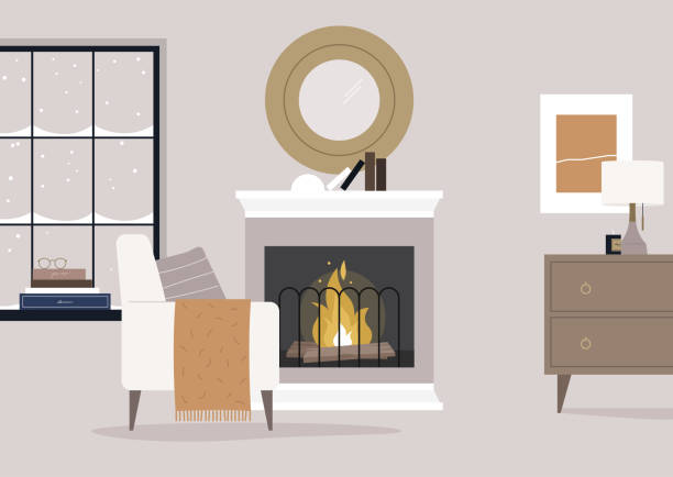 bildbanksillustrationer, clip art samt tecknat material och ikoner med winter style interior design, a living room with a mantelpiece and wooden furniture - spiselhylla