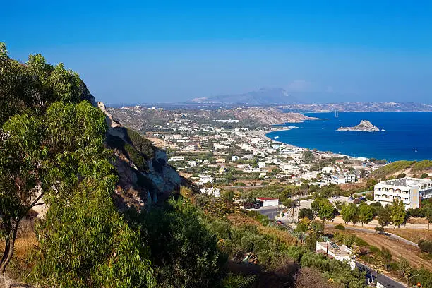 panorama of the Kamari bay with little island Kastri in the south part of the Kos in Greece, Dodecanese