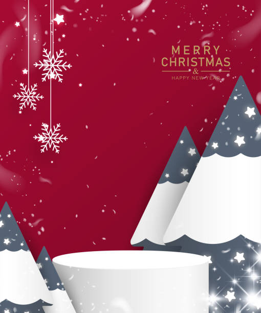 ilustrações de stock, clip art, desenhos animados e ícones de stage podium decorated with christmas tree, snowfall, snowflakes, star. pedestal scene with for product, advertising, show, award ceremony, on a red background. winter background. vector illustration. - abstract backdrop backgrounds christmas