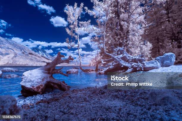 Infrared Photograph Of A Lake And Mountain Range Stock Photo - Download Image Now - Infrared, Photograph, Photography