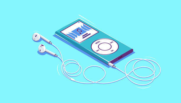 player music Music player mobile. Music player with headphones. Music player with headphones in isometrics. Blue music player with white headphones on white background. Dream headphones. Vector illustration EPS 10 mp3 player stock illustrations