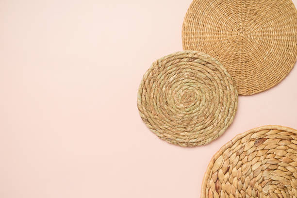 istock Trendy room decor with eco friendly boho style rattan shapes background 1338373023