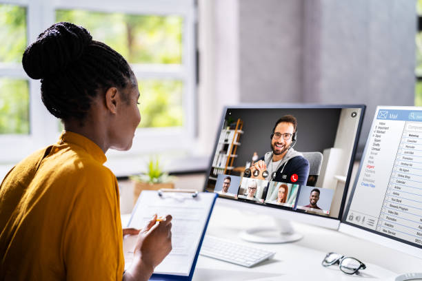 Online Video Conference Business Interview Call Online Video Conference Business Interview Call Or Webinar recruiter stock pictures, royalty-free photos & images