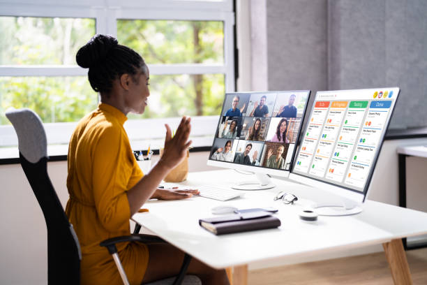 Kanban Board Video Call Kanban Board Video Call. African Woman Working scrum stock pictures, royalty-free photos & images