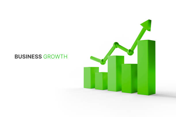 立ち上がる矢印を持つグラフバーを成長させます。成功へのビジネス開発と成長コンセプトの成長。3d イラスト - bar chart ストックフォトと画像