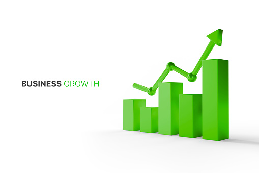 Growthing graph bar with rising arrow. Business development to success and growing growth concept. 3d illustration