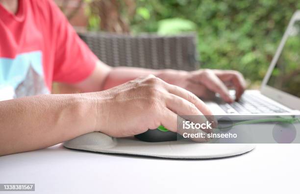 Mans Fingers Clicking On Mouse Resting His Wrist On Wrist Rest Stock Photo - Download Image Now