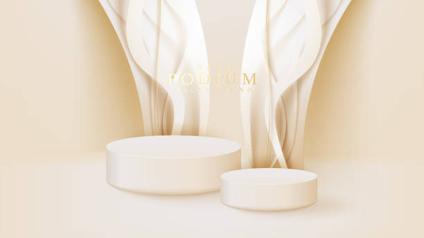 istock Realistic white display stand with golden curve lines scene, podium showing product for promotion sales and marketing. luxury style background. 3d vector illustration. 1338381867