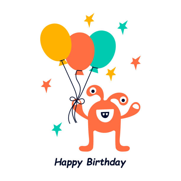 Childrens greeting card or party invitation template. Cute cartoon monster with balloons. Vector illustration. Happy birthday. Childrens greeting card or party invitation template. Cute cartoon monster with balloons. Vector illustration. dinosaur birthday stock illustrations
