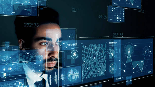 istock Asian businessman watching hologram screens. GUI (Graphical User Interface). 1338382611