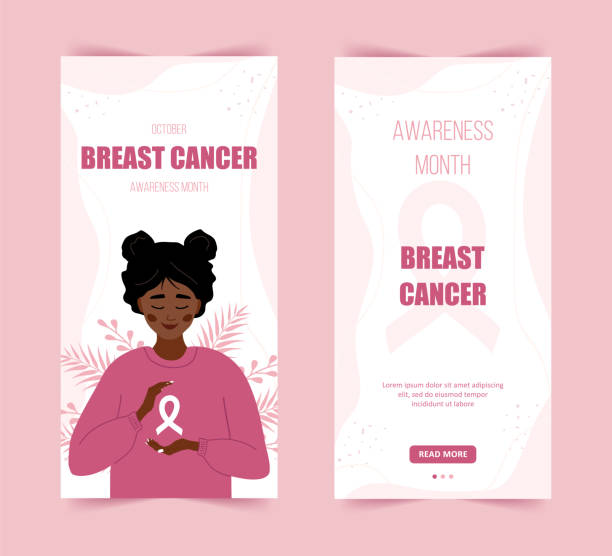Breast cancer awareness month stories template. Happy african woman with ribbon. Annual international health campaign. Social media background. Vector illustration in flat cartoon style Breast cancer awareness month stories template. Happy african woman with ribbon. Annual international health campaign. Social media background. Vector illustration in flat cartoon style. breast cancer symbol for facebook stock illustrations