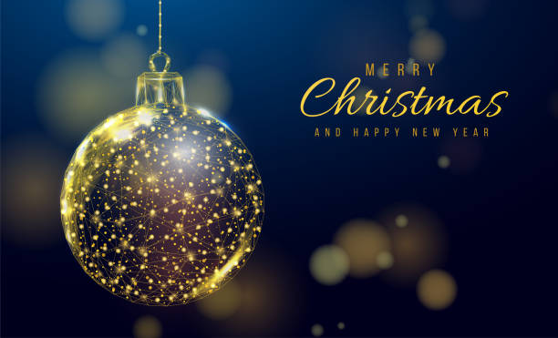 Wireframe Christmas gold ball, low poly style. Banner for the concept of Christmas or New Year with a place for an inscription. Abstract modern 3d vector illustration on blue background. Wireframe Christmas gold ball, low poly style. Banner for the concept of Christmas or New Year with a place for an inscription. Abstract modern 3d vector illustration on blue background. christmas card stock illustrations