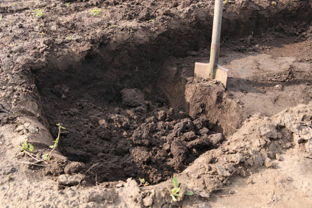 istock Digging a pit. Pit in the ground. The shovel  in the pit. 1338385131